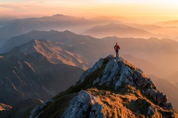 Hiker standing on a rocky mountain peak overlooking a misty valley at sunset