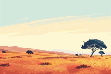 Obraz premium Fantasy landscape of a sprawling savannah, captured in minimal styles, offering a clean and simplistic visual delight