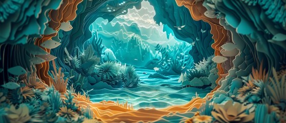 Fantasy scenes of a hidden oasis, depicted in paper cut styles, enhancing the mystical allure with detailed and layered artistic elements