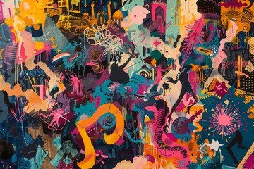 A dynamic and colorful painting featuring a variety of shapes and hues creating a lively composition, A chaotic and energetic composition showcasing the frenzy of a wild party