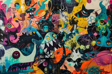 Fototapeta premium A vibrant painting featuring a variety of animals in an energetic and chaotic composition, A chaotic and energetic composition showcasing the frenzy of a wild party
