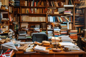 Chaotic home office filled with numerous books and a cluttered desk covered in papers, A chaotic...