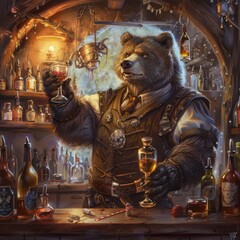 Steampunk bear bartender in a rustic tavern