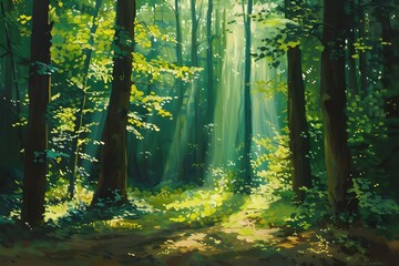 A painting of a lush green forest with tall trees and sunlight filtering through the leaves.