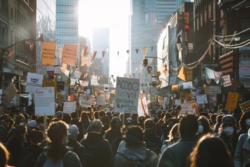 A chaotic protest march as a crowd of people walk down a street holding signs, A chaotic protest march with banners and signs waving above the crowd
