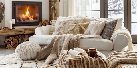 Cozy living room with a comfortable sofa and pillows and candles, autumn home decor