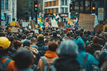 A crowd of people marching down a street, holding banners and signs, A chaotic protest march with banners and signs waving above the crowd