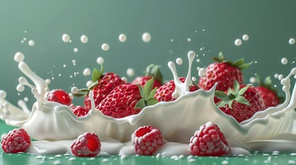 A splash of milk with strawberries and raspberries on the ight green background.