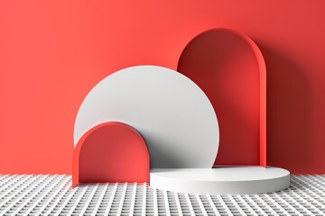 Minimalist abstract geometric shapes on red background