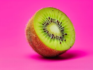 Juicy kiwi fruit slice on vibrant pink background