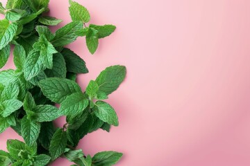 fresh green mint leaves on pink background