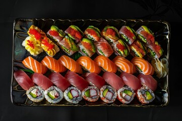 Assortment of delicious sushi rolls and nigiri on a black plate