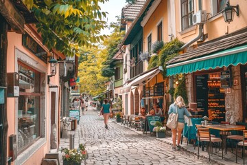 A woman strolling along a cobblestone street in a quaint European town, A charming cobblestone street in a European town with a family browsing quaint shops and enjoying gelato