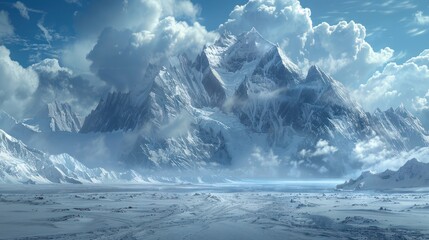 Fototapeta premium A frozen wasteland with snow-capped mountains in the distance.