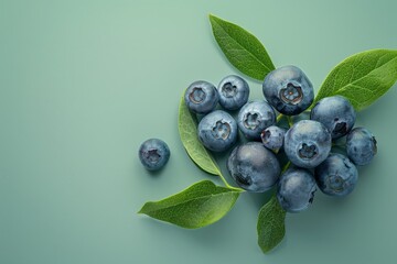 Fresh blueberries with green leaves on a green background