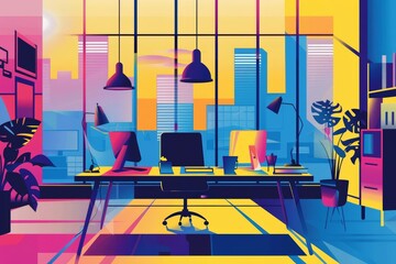 Futuristic Pop art style of an innovative startup office, sparking creativity in minimal styles, banner template sharpen with copy space