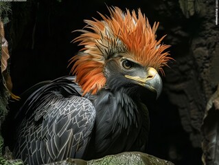 Vibrant feathered bird with striking orange crest