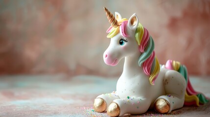   A white unicorn figurine sits atop a pink surface, adorned with sprinkles on its legs