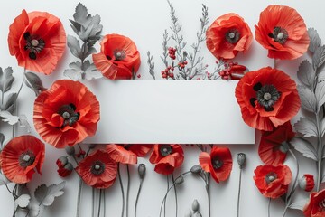 A white sign is surrounded by red flowers