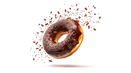 A flying donut with chocolate and sprinkles isolated on a transparent background