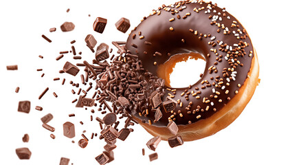 A flying donut with chocolate and sprinkles isolated on a transparent background