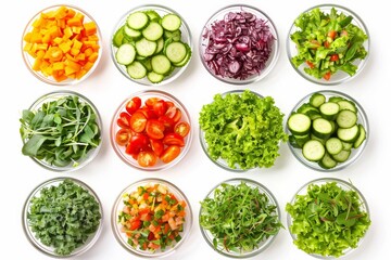 Assortment of fresh vegetables in glass bowls