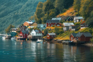 Naklejka premium Many boats floating on the water in a charming fishing village, A charming fishing village nestled along the shoreline