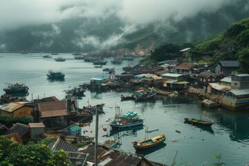 A body of water teeming with numerous boats, showcasing a bustling fishing village scene, A...