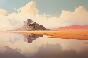 Surreal landscape of a desert oasis with a lone building and reflective water under a dreamy sky