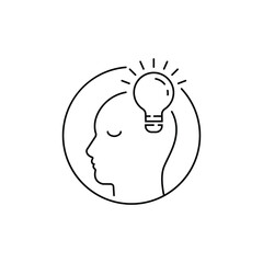 light bulb with head like insight logo. lineart flat stroke trend monoline iq logotype graphic art design isolated on white background. concept of wisdom or