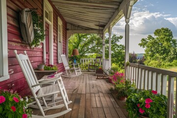 A quaint front porch adorned with rocking chairs and colorful flowers, A charming porch with rocking chairs and a swing
