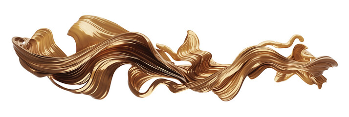 3D bronze liquid shape, twisted stream-like flow, isolated on transparent background