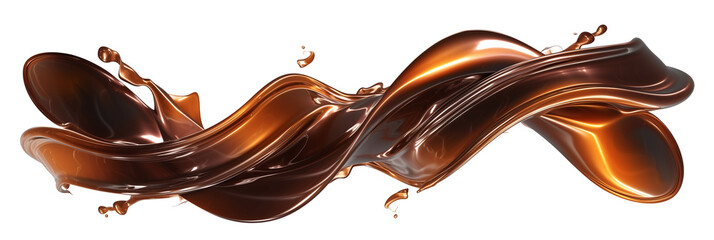 3D bronze liquid shape, twisted stream-like flow, isolated on transparent background