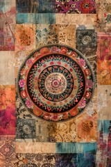Fototapeta premium Colorful bohemian pattern collage with mandala centerpiece