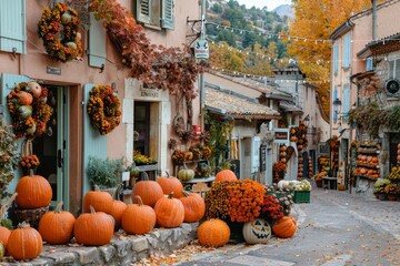A bunch of pumpkins displayed on a charming town street, A charming town square decorated with pumpkins and autumn wreaths - Powered by Adobe