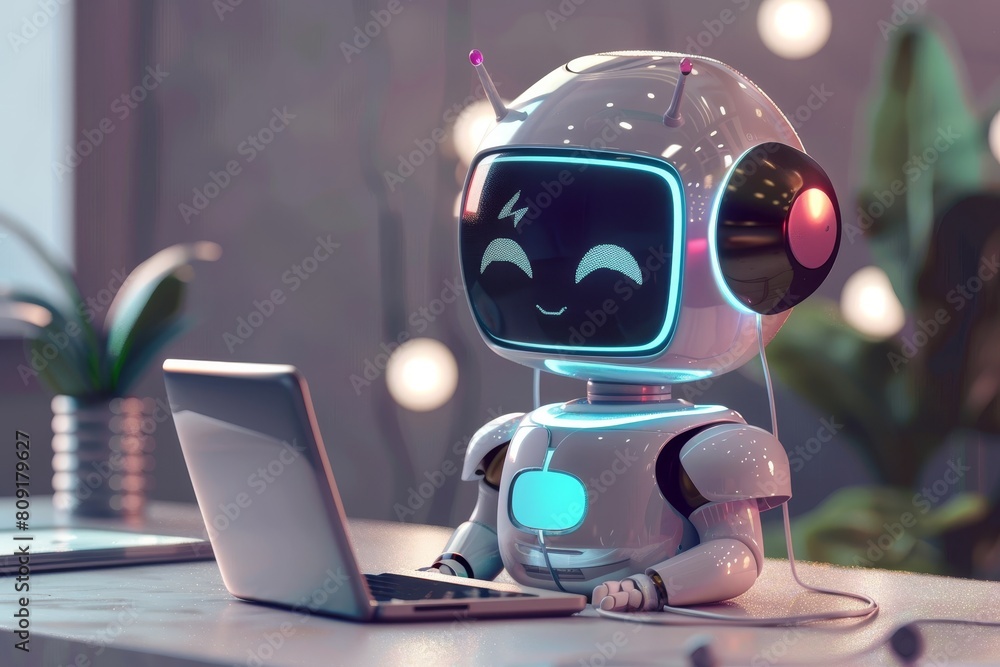 Poster a robot is seated at a desk, typing on a laptop computer, possibly working or studying, a chatbot pr