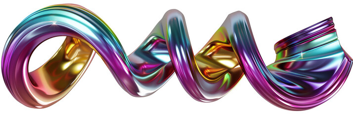 3D metallic rainbow coil shape, iridescent hues, isolated on transparent background