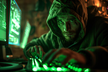 A man in a hoodie is typing on a keyboard