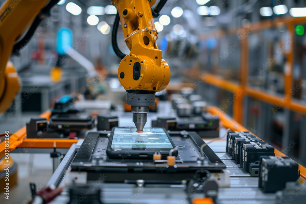 Poster a robotic arm is working on a cell phone in a factory