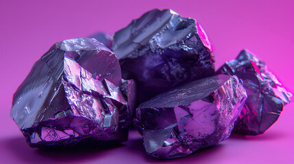 Studio macro very close-up shot, product photography, Osmium precious metal rock. Isolated against purple background. Bright, studio lighting. Very modern, contemporary, current style
