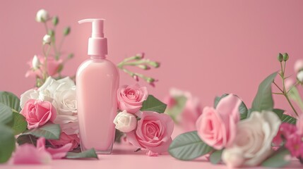 Soft focused image of a rose-colored beauty product bottle surrounded by a bouquet of white and pink roses, evoking romance and care