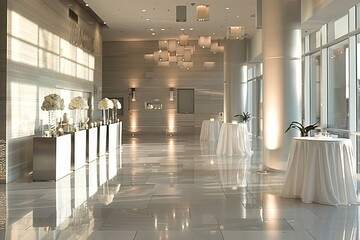 A chic and modern reception hall filled with tables and chairs for gatherings and events, A chic and modern reception hall with sleek minimalist decor