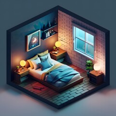 Isometric diorama of a cozy bedroom. 3d perspective, three-dimensional architecture and house concept.