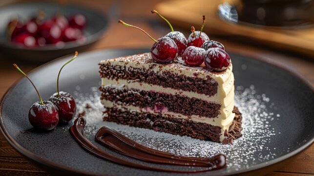 Modern black forest cake reinvent the classic black forest cake with layers of rich chocolate sponge cake AI generated