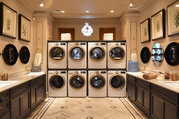 A washer and dryer sit in a spacious room, ready for laundry tasks, A chic and polished space filled with top-of-the-line washing machines