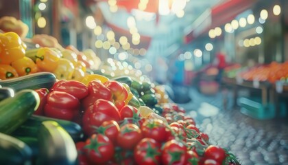 Obraz premium Show Glow HUD big icon group of a bustling farmers market, showcasing the richness of local produce with a very blurry backdrop of colorful stalls