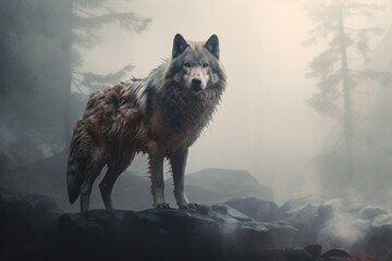 Lone wolf stands on a rocky outcrop amidst a foggy, ethereal forest landscape