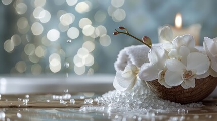 Serene spa concept with white orchids, bath salt in a wooden bowl, and candles in a tranquil...