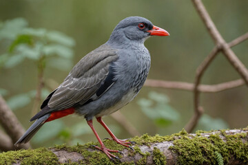 Wild Red-legged Thrush bird with gray plumage and red beak roaming in natural habitat