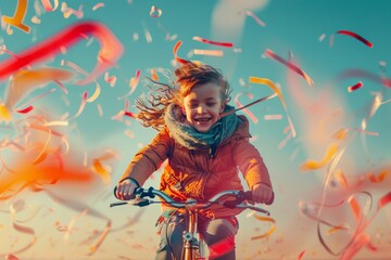 A little girl joyfully rides her bike through a flurry of colorful confetti, A child riding a bike with streamers flying in the wind